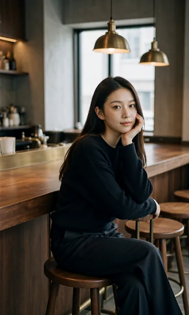Woman sitting on a wooden stool at a cafe counter, chin on her hand, looking up at the camera with a teasing expression