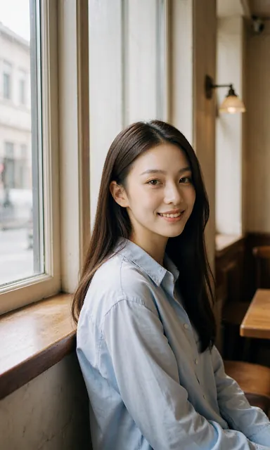 Woman sitting in a cafe window seat with one arm along the backrest, smiling openly at the camera