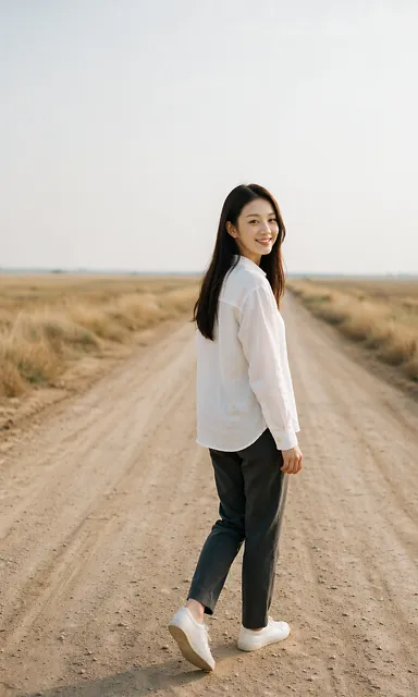 Woman walking an empty dirt road, glancing back mid-step at the camera with a wide natural smile