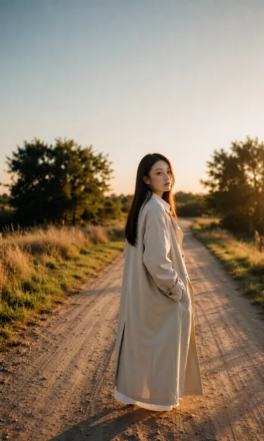 Woman in a light coat walking away down a dirt road at evening and looking back over her shoulder in warm low sun