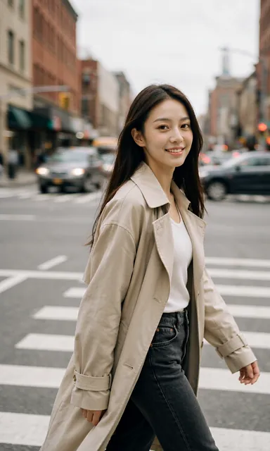 Woman crossing a city street caught mid-stride, turning to the camera with a spontaneous smile