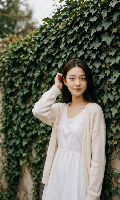 Woman standing against an ivy-covered wall lifting her hair at the nape, smiling steadily at the camera