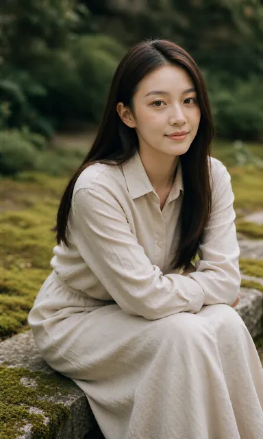 Woman sitting on a low mossy stone step leaning forward, smiling at the camera with an open expression
