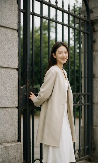 Woman at an old iron gate with one hand on the latch, looking back at the camera with a bright smile