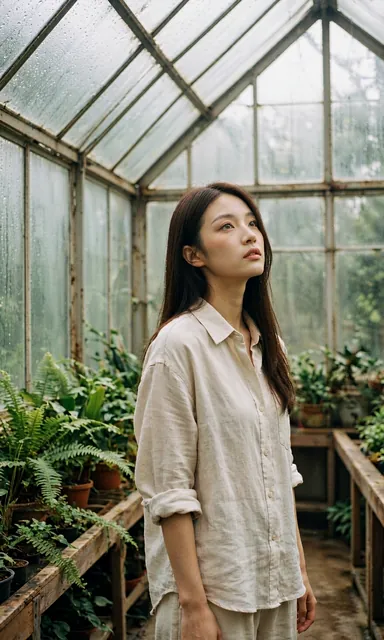 Woman in a linen shirt standing among benches of plants inside an old glasshouse looking up toward the glass roof