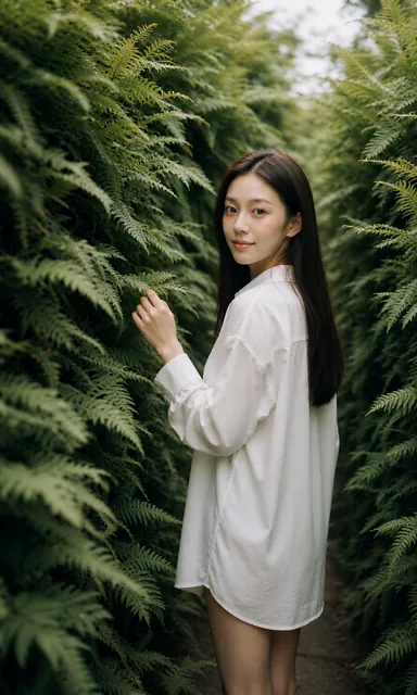 Woman walking a narrow fern aisle in a greenhouse, looking back over her shoulder at the camera with a quiet smile