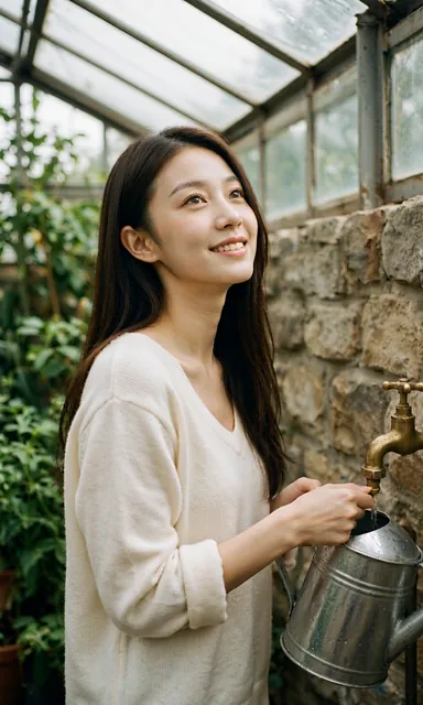 Woman filling a metal watering can at a brass tap in a greenhouse, pausing to look up at the camera