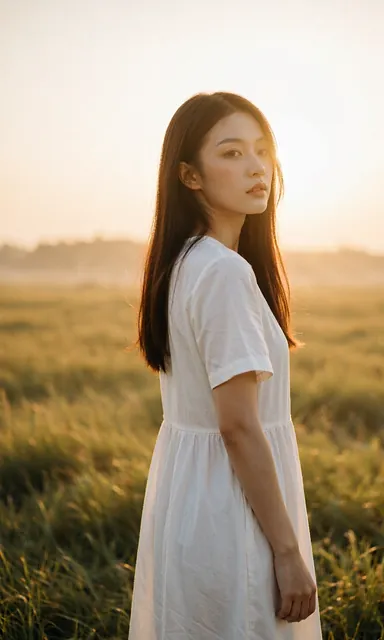 Woman in a plain white cotton dress standing in an open field with a low golden hour sun behind her