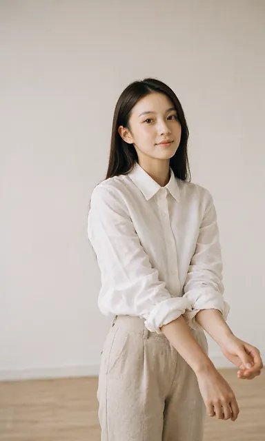 Woman in linen rolling back a sleeve while glancing up at the camera with a half-smile in morning light