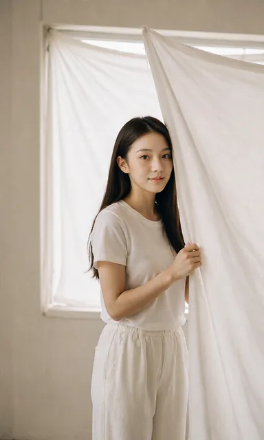 Woman stepping out from behind a white sheet hung across a room, peeking at the camera with a surprised smile