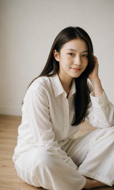 Woman sitting cross-legged on a floor brushing her hair behind her ear, smiling openly at the camera
