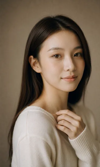 Close studio portrait of a woman with one hand touching her collarbone, serene expression and direct gaze into the lens