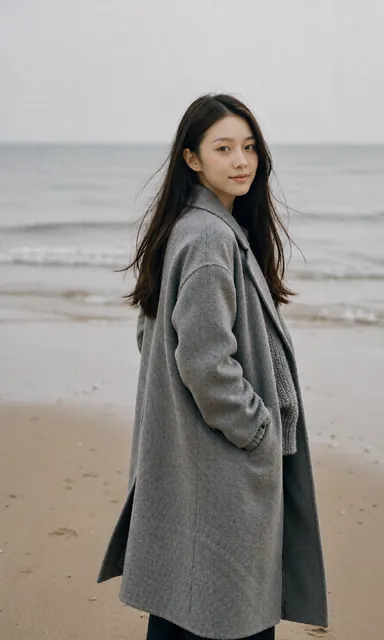 Woman standing on an empty off-season beach with her hands in her coat pockets, smiling at the camera as the wind moves her hair
