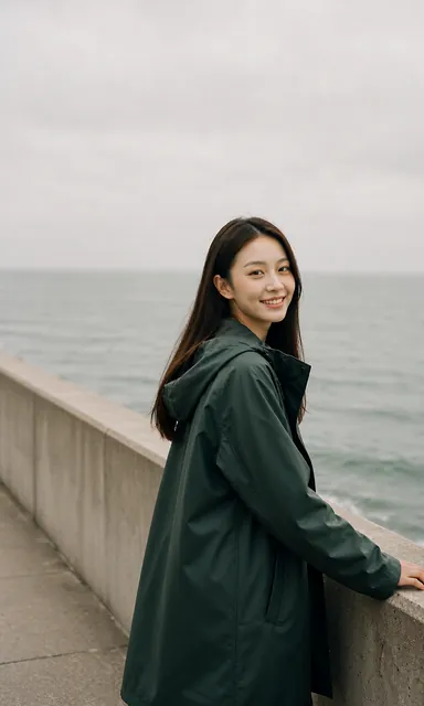 Woman walking a concrete promenade, glancing back at the camera mid-stride with a laughing expression