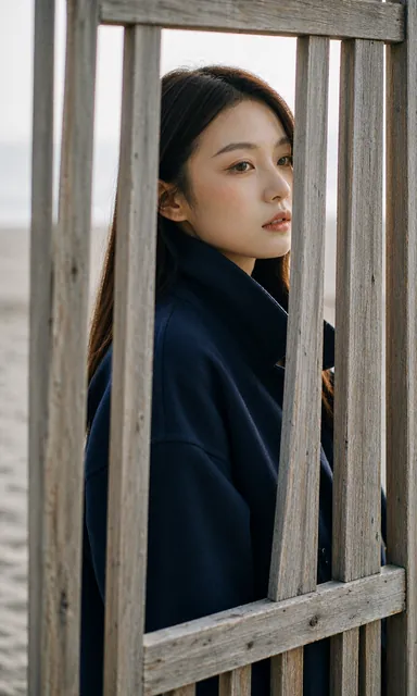 Woman in a navy coat standing partially hidden behind a slatted wooden windbreak on a grey beach