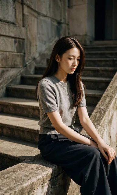 Woman in a grey knit top and dark wide-leg trousers sitting on the parapet of an old stone stairway in raking light