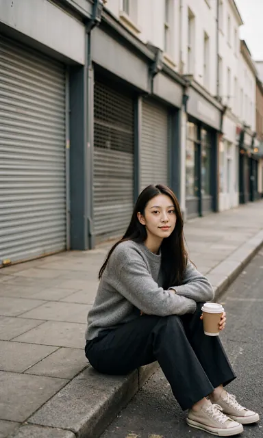 Woman sitting on a street kerb with her elbows on her knees, looking up at the camera with a bright curious expression