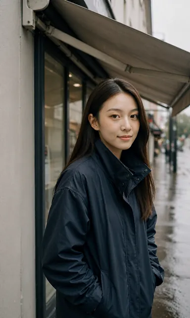 Woman standing under a shop awning with her hands in her pockets, smiling at the camera while rain falls behind her
