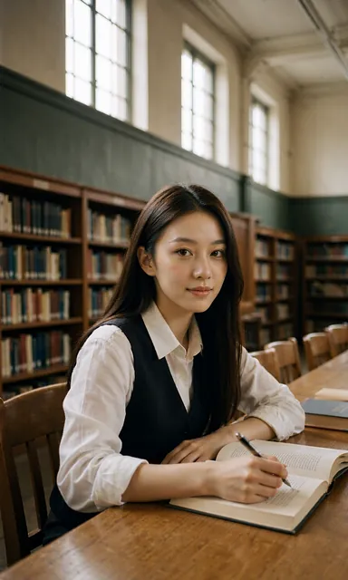 Woman at a long wooden reading table with an open book, looking up at the camera with a bright attentive expression