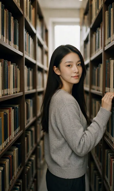 Woman standing in a narrow aisle between tall bookshelves, turning her head to smile at the camera