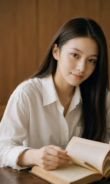Woman turning a page of an old book, glancing up at the camera over the top with a knowing smile