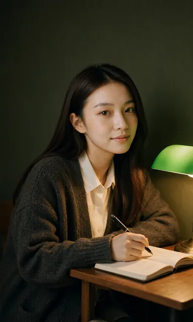 Woman sitting at a desk under a green reading lamp with a pen paused, looking up at the camera thoughtfully