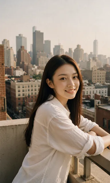 Woman leaning back against a balcony railing with her head turned, smiling openly at the camera