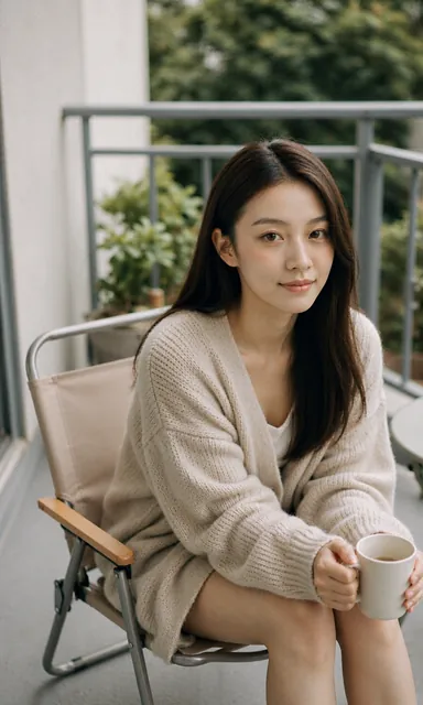 Woman sitting on a folding metal chair with a cup on her knee, leaning forward and smiling at the camera