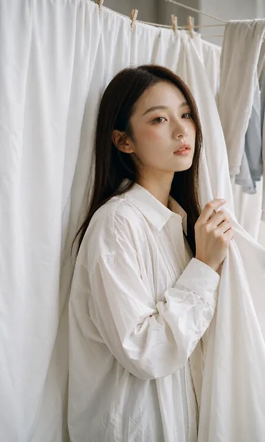 Woman in a white cotton dress standing between white sheets hanging on a balcony laundry line in soft filtered daylight