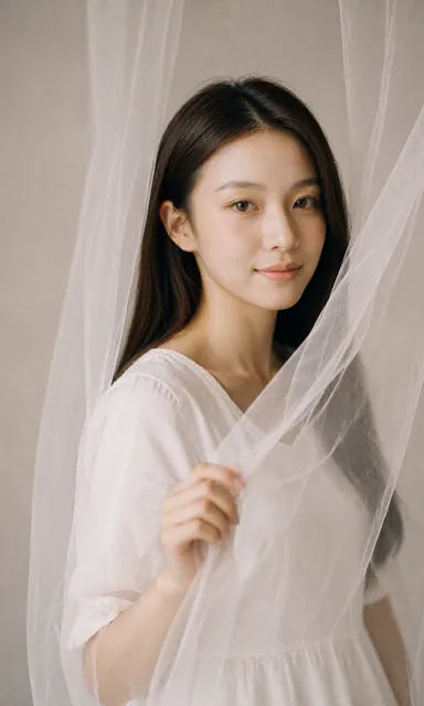 Woman behind a layer of thin gauze pushing the fabric aside, gazing at the camera with a dreamy smile