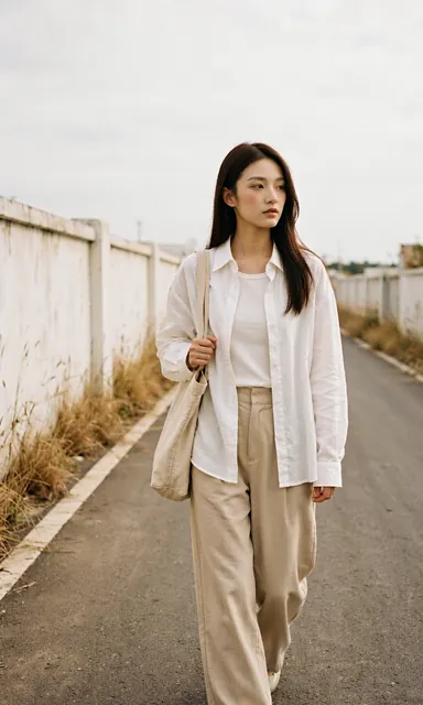 Woman in a white linen shirt and wide beige trousers walking on an empty road with a canvas tote bag