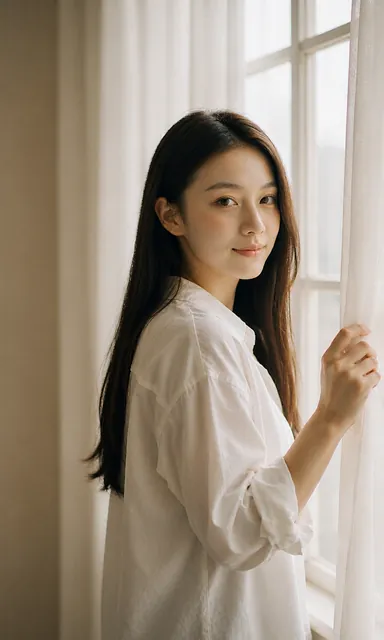 Woman in an oversized white cotton shirt lifting the edge of a sheer curtain at a tall window, turning back to smile at the camera