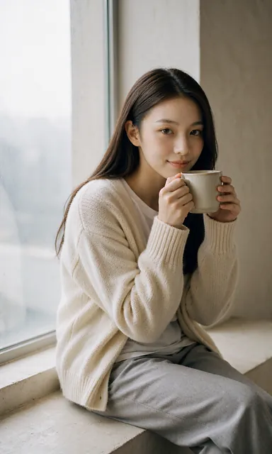 Woman in a cream knit cardigan sitting on a deep window sill holding a ceramic mug, looking into the camera with an amused expression