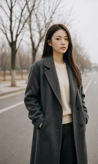 Woman in a long charcoal wool coat standing on a cold empty street with bare trees behind her in flat winter light