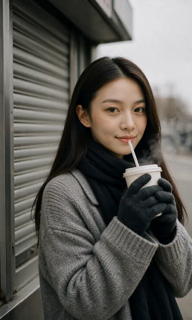 Woman in gloves lifting a paper cup toward her mouth, looking into the camera with a small amused smile