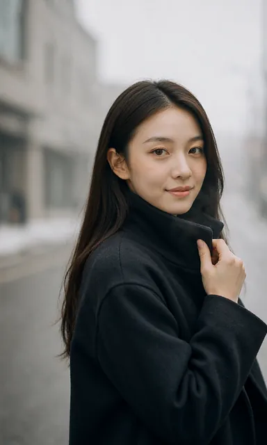Woman adjusting her collar in cold air with her breath visible, looking at the camera with a bright alive expression